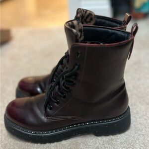 Burgundy Combat Boots with Sparkle Soles and Leopard Lining